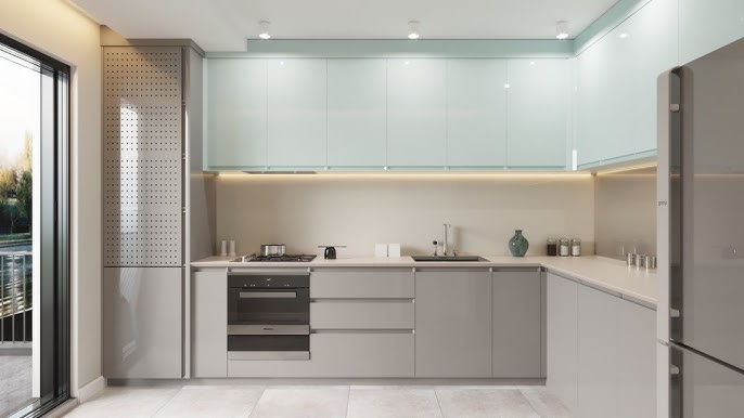 Beautiful L-shaped modular kitchen Mansarovar design for modern homes.